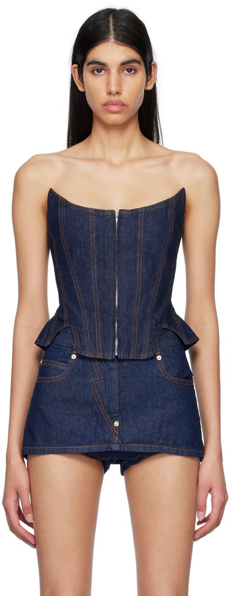 Plus Zise, Denim Bustier, Corset Outfit, Denim Ideas, Denim Corset, Wide Leg Denim, Shibori, Denim Top, Denim Fashion