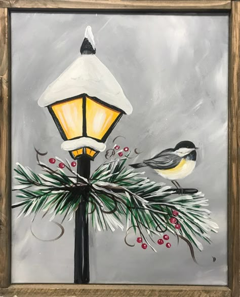 Christmas Art Painting Acrylic On Wood, Winter Lamp Post Painting, Easy Winter Painting Ideas On Canvas, Winter Pictures To Paint, Painted Christmas Scenes, Winter Paint Party Ideas, Christmas Scenery Paintings Easy, Winter Sip And Paint Ideas, Winter Drawings Ideas