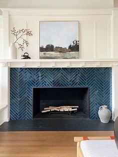 Navy Fireplace, Fireplace Hearth Ideas, Tile Around Fireplace, Fireplace Hearth Tiles, Herringbone Fireplace, Hearth Ideas, Mosaic Fireplace, Fireplace Accent Walls, Hearth Tiles