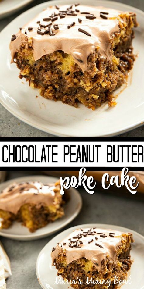 Chocolate Peanut Butter Poke Cake, Peanut Butter Poke Cake, Chocolate Poke Cake, Chocolate Peanut Butter Pie, Mom Recipes, Chocolate And Peanut Butter, Poke Cake Recipes, Peanut Butter Cake, Poke Cakes