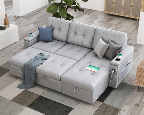 Amazon.com: PaPaJet Sleeper Sofa Bed, 84 Inch Pull Out Couch Bed with 2 USB & Cup Holders, Tufted L Shape Convertible Sofa with Storage Chaise- Silver Grey : Home & Kitchen L Shaped Sofa Bed, L Shape Sectional, Sleeper Couch, Living Room Furniture Styles, Couch With Ottoman, Pull Out Couch, Pull Out Sofa Bed, Pull Out Sofa, Tree Species