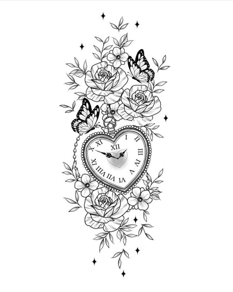 Clock With Flowers Tattoo, Clock Rose Tattoo Design, Rose Sleeve Tattoo Women, Flower Clock Tattoo, Clock Tattoos For Women, Old Clock Tattoo, Rose And Clock Tattoo, Anthony Tattoo, February Tattoo