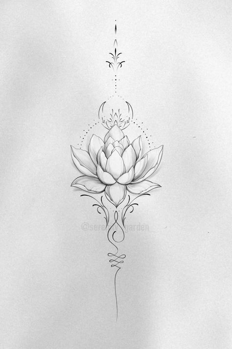 Lotus moon tattoo with unalome Lotus Feet Tattoo, Crescent Moon And Lotus Tattoo, Feminine Asian Tattoo, Lotus Spine Tattoo Design, Lotus Flower Tattoo In Between Chest, Lotus Flower With Roots Tattoo, Lotus Tattoo Chest For Women, Lotus Rebirth Tattoo, Unique Unalome Tattoo