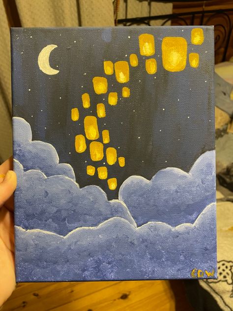 Acrylic Painting Painting Ideas Lantern, Lanterns In Sky Painting, Lantern Canvas Painting, Night Theme Painting, Painting Ideas On Canvas Stars, Sky Lantern Painting, Sky Lanterns Painting, Disney Themed Paintings, Acrylic Painting Inspo For Beginners