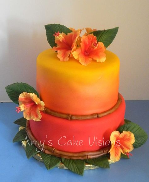 Luau I used my airbrush to get the sunset effect. Gumpaste Hibiscus. Inspiration found on Cake Central. Luau Bridal Shower, Hawaiian Cake, Luau Birthday Party, Hawaiian Birthday Party, Moana Birthday Party, Hawaiian Birthday, Luau Wedding, Cupcakes Decorados, Luau Theme