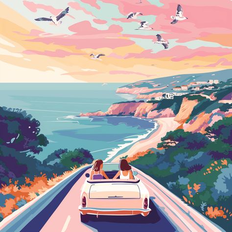 💎🎨Travel Wall Art with Midjourney Prompts - Go to the Link in my Bio🖱️🔗 Couple In Car Illustration, Car Ride Illustration, The Sea Illustration, Couple In Car, Cards Poster, Hawaii Shirts, Sea Illustration, Car Illustration, Travel Wall