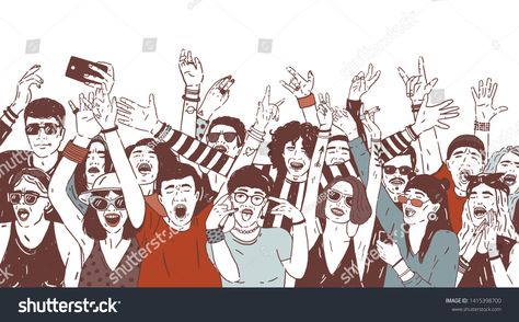 Crowd of happy people or music fans screaming, singing and dancing with raised hands. Excited spectators or audience of summer open air festival. Colored hand drawn realistic illustration #Ad , #Sponsored, #dancing#singing#raised#Excited Festival Crowd, Support Illustration, Raised Hands, Business Illustrations, St Cecilia, Hand Drawn Vector Illustrations, Children's Illustration, Business Illustration, Happy Art