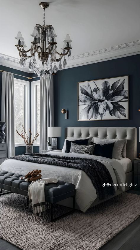 Dark Blue Bedrooms, Bedroom Decor Cozy, Bedroom Color Schemes, Bedroom Refresh, Master Bedrooms Decor, Remodel Bedroom, Bedroom Decoration, Beautiful Bedrooms, Bedroom Colors