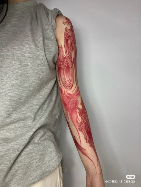 Red Tattoo Arm Sleeve, Trippy Tattoo Designs, Trippy Tattoo, Small Girly Tattoos, Red Tattoo, Fantasy Tattoos, Tasteful Tattoos, Red Ink Tattoos, Full Body Tattoo