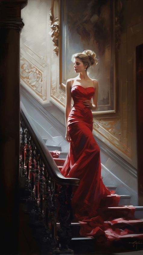 Painting Of A Woman, Foto Poses, Red Gowns, Romantic Art, Beauty Art, Wall Art Pictures, Portrait Art, Beautiful Paintings, Classic Art