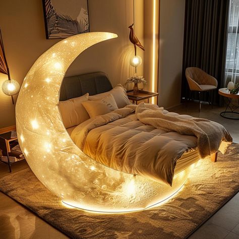 Crescent moon beds, with their elegantly curved designs reminiscent of the gentle arc of a crescent moon, evoke a sense of tranquility and grace in any bedroom. These beds often feature a gracefully curved headboard that mimics the shape of the moon, creating a focal point that is both striking and soothing. The design not only adds a touch of sophistication to the room but also promotes a sense of relaxation, making it an ideal choice for creating a peaceful retreat within the home. Concept... Night Sky Bedroom, Star Room Decor, Sky Bedroom, Celestial Bedroom, Dreamy Night Sky, Night Interior, Star Room, Space Themed Bedroom, Curved Headboard