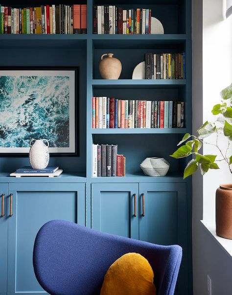 Warm Grey Walls, Best Blue Paint Colors, Blue Bookcase, Mid Century Modern Aesthetic, Solid Wood Side Table, Brooklyn Apartment, Apartment Makeover, Small Space Design, Blue Paint Colors