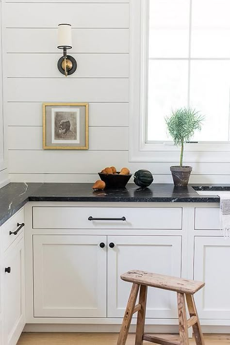 modern kitchen with shiplap backsplash Black Counter White Sink, Small Kitchens With Black Countertops, White Kitchen Black Countertops, Black Counter White Cabinets, White Cabinet Black Countertop, White Kitchen Black Counter, Kitchen Black Accents, White Kitchen Black Hardware, Black Countertops White Cabinets