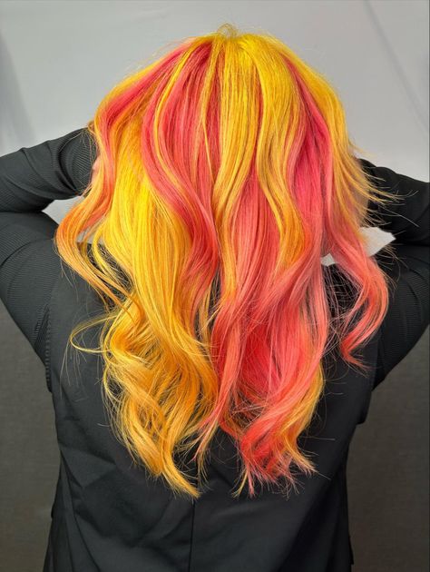 Half And Half Ombre Hair, Yellow And Peach Hair, Neon Pink And Yellow Hair, Pink Orange And Yellow Hair, Pink Lemonade Hair, Red And Yellow Hair, Yellow Hair Color Ideas, Orange And Pink Hair, Orange And Yellow Hair