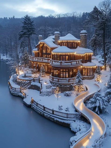 Snowy Mansion, Winter Mansion, If Kisses Were Snowflakes, Big Mansion, Waiting Room Design, Dream House Bedroom, Fairytale House, Log Cabin Ideas, Lakeside Living