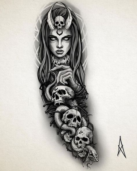 Half Sleeve Tattoos Sketches, Evil Skull Tattoo, Black Skull Tattoo, Full Tattoo, Greek Mythology Tattoos, Scary Tattoos, Skull Art Drawing, Mythology Tattoos, Geniale Tattoos