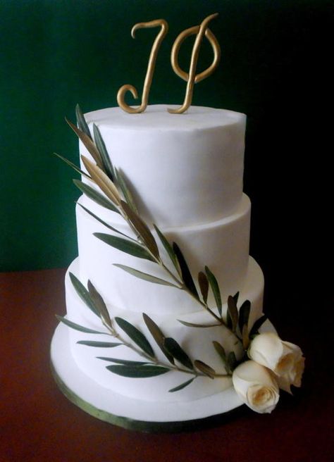 Wedding Cake With Olive Branches, Simple Wedding Cake Designs, Wedding Cake Olive Leaves, Wedding Cake Olive, Wedding Cake Nature, Branches Wedding Decor, Huge Wedding Cakes, Branch Centerpieces Wedding, Greek Cake