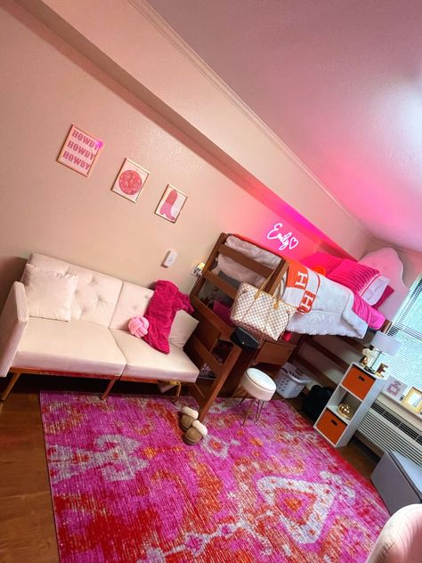 #pinksndorangedorm Preppy Dorm Room Ideas Pink And Orange, Hot Pink And Orange Room Decor, Pink Dorm Rooms Ideas, Orange Pink Dorm Room, Pink Orange And Blue Dorm Room, Bright Color Dorm Room, Pink And Orange Dorm Decor, Pink And Orange Dorm Room Ideas, Hot Pink And Orange Dorm Room