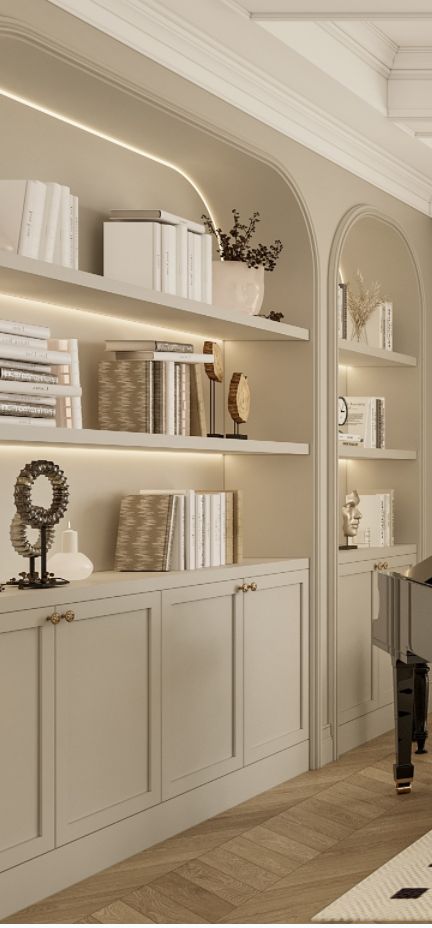 Taupe Built Ins Bookshelves, Cream Built Ins, Taupe Built Ins, Game Room Design Ideas, House Game Room, Alcove Ideas Living Room, Colorful Bookshelf, Office Music Room, Alcove Ideas