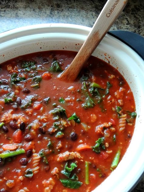 Mixing Kale & Pasta into Spicy Sausage & Black Bean Soup Beans Vegetable, Kale Pasta, Rotini Pasta, Black Bean Soup, Spicy Sausage, Tomato Vegetable, Sausage Pasta, Garlic Sauce, Crushed Tomatoes