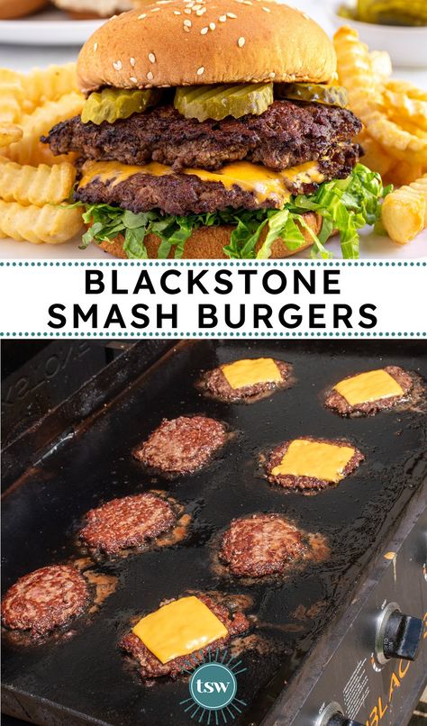 Griddle Burgers Recipe, Hamburger On The Blackstone, Traeger Griddle Recipes, Griddle Hamburger Recipes, Smash Burger Blackstone, Blackstone Grill Smash Burgers, Blackstone Smash Burger, Blackstone Recipes Breakfast, Oven Smash Burgers