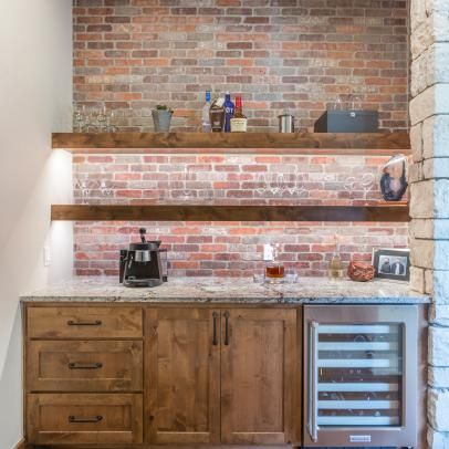 Photos | HGTV Brick Accent Wall, Brick Accent Walls, Home Bar Rooms, Red Brick Wall, Dining Room Remodel, Coffee Bars In Kitchen, Brick Backsplash, Brick Wall Background, Rustic Bar