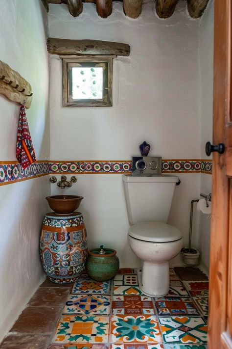 15 Tips to Achieve the Perfect Mexican Farmhouse Decor – Everyday Inspo Bathroom Mexican Tiles, New Mexican Interior Design, Hacienda Style Room, Mexican Inspired Bathroom, Spanish Room Decor, Adobe House Decor, Mexican Bathroom Decor, Spanish Interior Design Bedroom, Bathroom With Wooden Floor