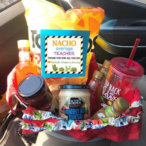 Nacho Average Teacher Basket, Nacho Average Employee, Nacho Average Teacher, Appreciation Gifts Diy, Teacher Gift Baskets, Teacher Appreciation Gifts Diy, Teachers Appreciation, Secret Sister, Teacher Gift Tags