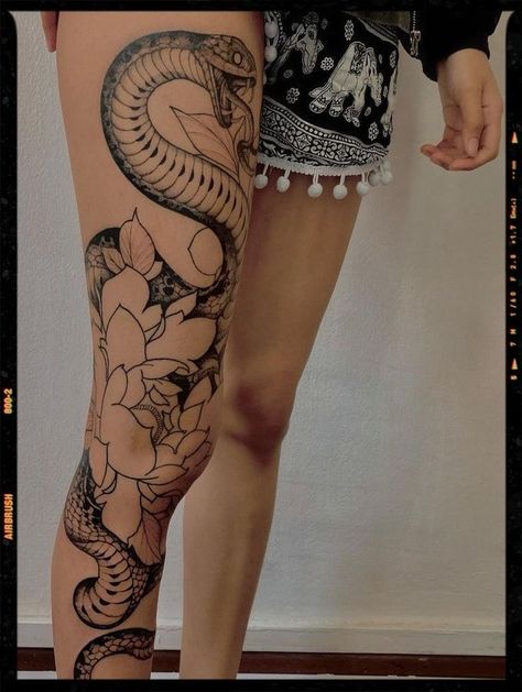 Snake Tattoo Design On Thigh, Snake Down Leg Tattoo, Snake Tattoos On Leg For Women, Snake Wrapped Around Leg Tattoo Women, Snake On Leg Tattoo Woman, Snake Up Leg Tattoo, Snake On Calf Tattoo, Full Leg Snake Tattoos Women, Snake Tattoo Leg Woman