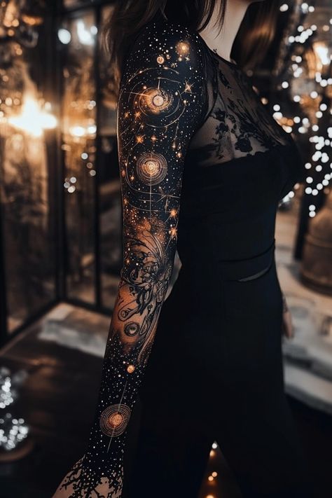 Tattoo Brazo Mujer, Night Sky Tattoos, Galaxy Tattoo Sleeve, Space Tattoo Sleeve, Cosmic Tattoo, Mangas Tattoo, Sky Tattoos, Celestial Tattoo, Galaxy Tattoo