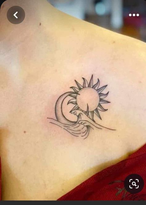 Sun Moon Woman Tattoo, Sun And Moon Neck Tattoo, Sun And Moon Collar Bone Tattoo, Moon Collarbone Tattoo, Sun Moon Wave Tattoo, Classical Tattoos, Collarbone Tattoos For Women, Sunshine Tattoos, Beach Theme Tattoos