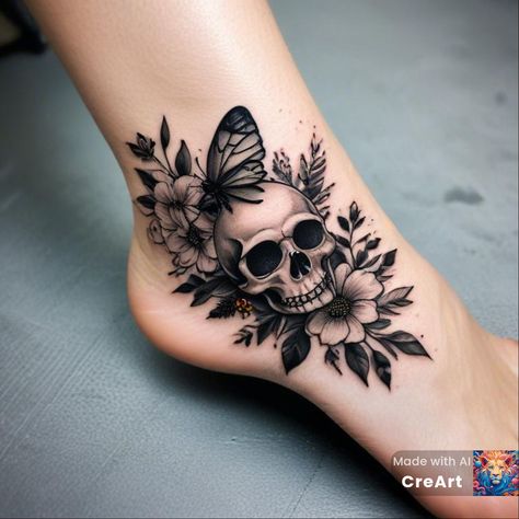 Skull Garden Tattoos, Skull Flowers Tattoo Design, Skull With Flowers And Butterflies, Feminine Halloween Tattoos, Skull Flower Tattoo Women, Skull Arm Tattoos For Women, Half Skull Half Flower Tattoo, Skull Tattoos With Flowers, Gothic Leg Tattoos