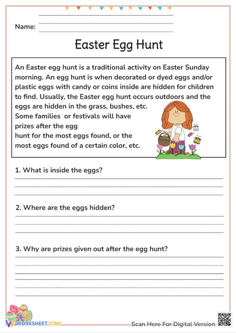 This worksheet is about "Easter Egg Hunt". Let's practice your reading skill by answering the questions below the passage. #easterworksheets #easteractivities #easterreadingcomprehension #readingcomprehensionworksheets #worksheetsforkids #readingforkids #kidsactivities Easter Reading Comprehension, Easter Egg Hunt Activities, Easter Worksheets, Easter Printables Free, Comprehension Worksheets, Reading Comprehension Worksheets, English Activities, English Lessons For Kids, Easter Activities