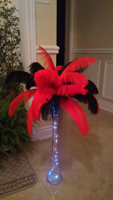 $50--Red and Black Ostrich Feather Centerpiece with Fairy Light! by Featherology2 on Etsy Centerpiece With Fairy Lights, Ostrich Feather Centerpieces, Vegas Theme Party, Burgundy Party, Casino Birthday, Casino Night Fundraiser, Las Vegas Party, Feather Centerpieces, Vegas Theme