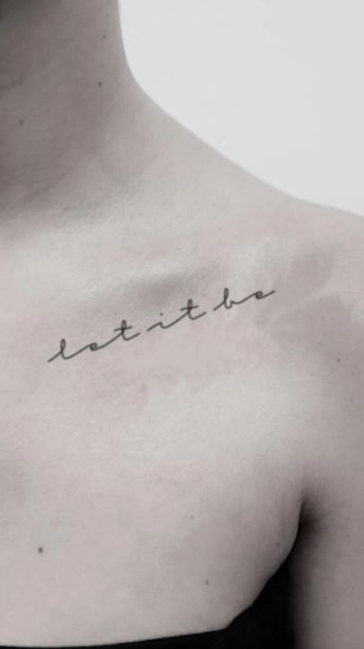 Collarbone Script Tattoos For Women, Side Collar Bone Tattoo, Tattoo On Clavicle For Women, Color Bone Tattoos For Women Quotes, Spiritual Collar Bone Tattoo, Women Tattoos Collar Bone, Collar Bone Script Tattoo, Shoulder Bone Tattoos For Women, Itll Be Okay Tattoo