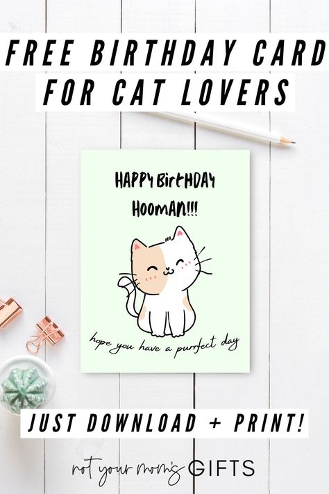 If you have a crazy cat person in your life, check out this free birthday card for cat lovers! This adorable cat-themed birthday card will totally have your loved one purring in excitement! | cat themed birthday cards diy | birthday card ideas for cat lovers | funny cat themed birthday cards | birthday cards cat themed | happy birthday card cat lover | happy birthday cat lover funny greeting card | cat birthday card printable free | cat lover birthday card funny | notyourmomsgifts.com Cat Themed Birthday Cards, Blank Card Template, Free Printable Birthday Cards, Happy Birthday Cat, Lover Birthday, Card Sketches Templates, Birthday Cat, Free Birthday Card, Cat Printable