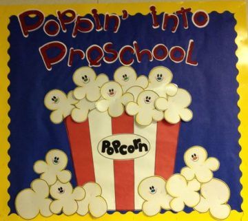 Preschool Welcome Board, Popcorn Bulletin Board, Birthday Boards Classroom Preschool, Preschool Open House, Popcorn Theme, Door Bulletin Boards, Kindergarten Bulletin Boards, Birthday Board Classroom, Preschool Boards