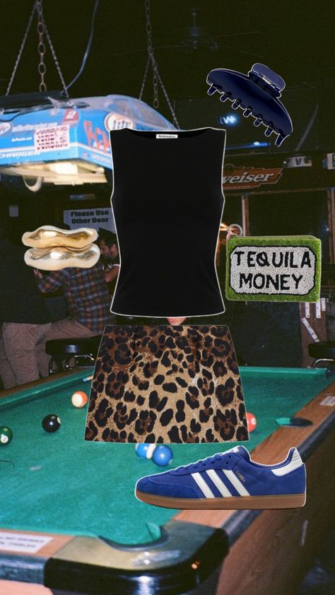 Dive bar, dive bar outfit, bar outfit, skirt outfit, leopard skirt, sambas, blue sambas, cheetah skirt, claw clip, outfit inspo, bar inspo, women’s outfit inspo, casual inspo, going out outfit Dive Bar Outfit Casual, Bar Outfit Casual, Dive Bar Outfit, Claw Clip Outfit, Blue Sambas, Outfit Bar, Cheetah Skirt, Going Out Outfit, Bar Outfit