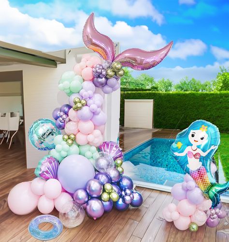 Mermaid Theme Party Decorations, Mermaid Balloon Arch, Little Mermaid Theme Party, Mermaid Balloon Garland, Mermaid Decorations, Chrome Purple, Mermaid Balloons, Green Balloons, Real Photography