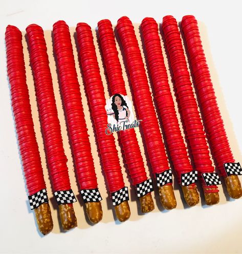 Racing Car Treats, Monster Truck Pretzel Rods, Cars Theme Treats Party Ideas, Race Car Pretzel Rods, Hot Wheels Pretzel Rods, Cars Themed Treat Table, Lightning Mcqueen Birthday Treats, Fast One Birthday Dessert Table, Race Car Birthday Desserts