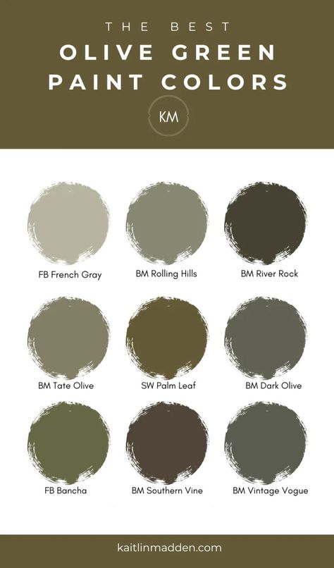 9 Gorgeous Olive Green Paint Colors Designers Love - Kaitlin Madden Home Blogger Bathroom Ideas Olive Green, Light Olive Paint Color, Olive Green Entryway, Olive Green Hallway, Olive Green House Exterior, Light Olive Green Walls, Olive Green House, Olive Green Paint Colors, Green Living Room Inspiration