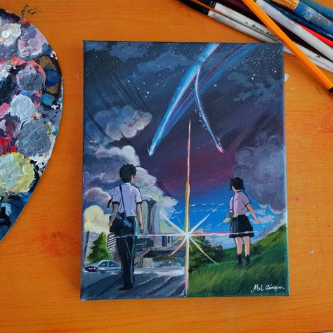 Anime Canvas Drawing, Ghibli Acrylic Painting, Your Name Painting, Anime Painting Acrylic, Aesthetic Acrylic Painting, Drawing Painting Ideas, Anime Canvas Painting, Simple Canvas Paintings, Cute Canvas Paintings