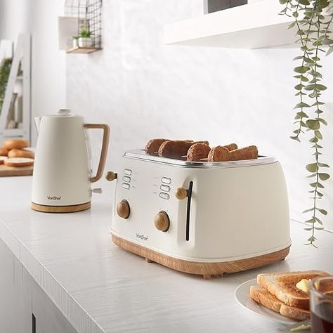 NORDIC KETTLE & TOASTER: Kickstart your day in style with the VonShef Nordic kettle and toaster set. Featuring underneath cord storage, keep your family satisfied and your surfaces spotless. 4 SLICE TOASTER: Toast a range of delights up to 38mm thick, from doorstop toast to fluffy crumpets. Enjoy the perfect slice using the defrost, reheat, and cancel functions, plus six browning levels. White Nordic Kitchen, Cream Kettle, Toaster And Kettle, Tea And Toast, Pastel Kitchen Decor, Kettle Toaster, Kitchen Nordic, Kitchen Appliance Set, 4 Slice Toaster