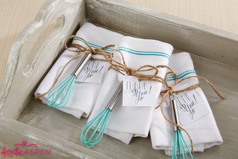 Kitchen Shower Favors Ideas from Kate Aspen | DIY Kitchen Bridal Shower Whisk and Towel Favors Practical Bridal Shower Favors, Bridal Shower Kitchen Theme, Cute Bridal Shower Gifts, Bridal Shower Prizes, Kitchen Bridal Shower, Shower Prizes, Bridal Shower Gifts For Bride, Themed Bridal Shower, Kitchen Shower