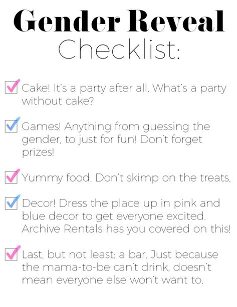 6 Gender Reveal Party Ideas + a Party Checklist | Archive Rentals Planning A Gender Reveal Checklist, Gender Reveal Party Planning Checklist, Gender Reveal Planning Checklist, Planning A Gender Reveal Party, Gender Reveal Party Checklist, Gender Reveal Ideas For Party Theme Fun, Gender Reveal Checklist, Gender Reveal Ideas For Party, Unique Gender Reveal Party Ideas