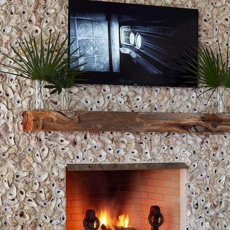 Christa’s South Seashells on Instagram: "⁠This oyster fireplace surround was done on panel in my studio and shipped to a home in North Carolina. Contractor there installed and sealed it up with our numbered shell system and instructions. ⁠ ⁠. . . . #interiordesign #fireplace #seashells #custom #art #interiorstyling #design #oyster" Oyster Shell Fire Pit, Oyster Fireplace, Oyster Shell Fireplace Surround, Shell Mantle, Tabby Shell Fireplace, Shell Fireplace, Oyster Shell Chandelier, Build Fireplace, Fireplace Surround