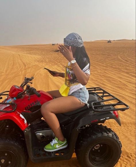 Photoshoot Ideas Dubai, Atv Riding Outfit Vacation, Dubai Outfit Ideas For Women, Quad Biking Outfit, Dubai Outfits Ideas, Egypt Outfits, Dubai Outfit, Desert Outfit, Outfit Ideas For Black Women