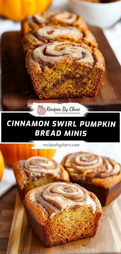 Deliciously moist mini pumpkin loaves with a cinnamon swirl, perfect for fall snacking!  Ingredients:  ¾ cup pumpkin puree ½ cup granulated sugar ¼ cup unsalted butter, melted 1 cup all-purpose flour ¼ cup cinnamon sugar (for swirl)  Soft and spiced pumpkin bread with a sweet cinnamon swirl, baked into mini loaves for a perfect autumn treat! Pumpkin Loaves Mini, Cinnamon Swirl Pumpkin Bread, Mini Pumpkin Bread Loaves, Pumpkin Bread Loaves, Mini Pumpkin Bread, Pumpkin Swirl Bread, Pumpkin Loaves, Spice Desserts, Spiced Pumpkin Bread