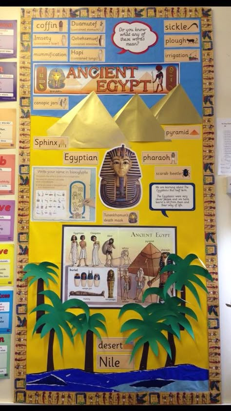 Egypt Poster Project, Poster Board Ideas School Project Egypt, Egyptian Classroom Display, Ancient Egypt Display Ks2, Egypt Bulletin Board Ideas, Egyptian Display Ks2, Egyptian Civilization Project, Egypt School Projects For Kids, Ancient Egypt Classroom Display