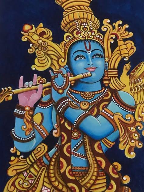 Krishna Playing Flute, Kerala Mural Art, God Painting, Mural Art Design, Playing Flute, Ganesh Art Paintings, Mural Paintings, Kalamkari Painting, Kerala Mural Painting